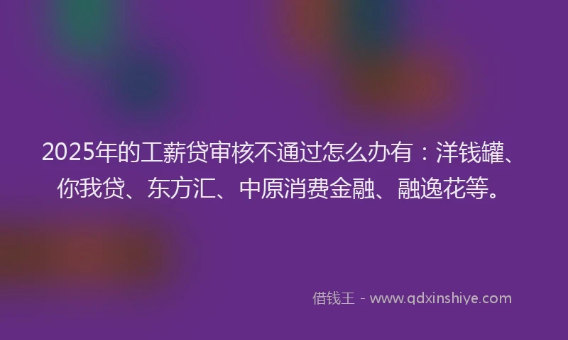 2025年的工薪贷审核不通过怎么办有：洋钱罐、你我贷、东方汇、中原消费金融、融逸花等。