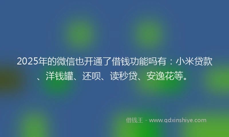 2025年的微信也开通了借钱功能吗有：小米贷款、洋钱罐、还呗、读秒贷、安逸花等。