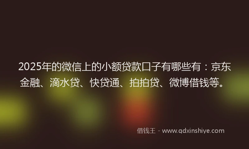 2025年的微信上的小额贷款口子有哪些有：京东金融、滴水贷、快贷通、拍拍贷、微博借钱等。