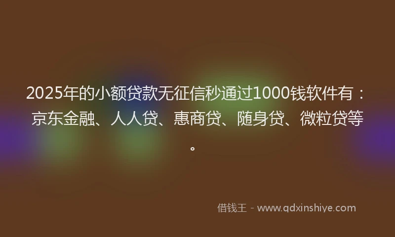2025年的小额贷款无征信秒通过1000钱软件有：京东金融、人人贷、惠商贷、随身贷、微粒贷等。