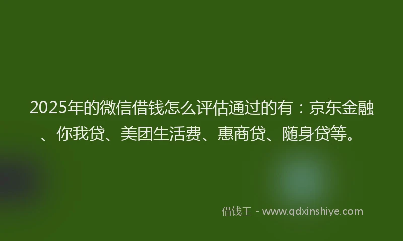 2025年的微信借钱怎么评估通过的有：京东金融、你我贷、美团生活费、惠商贷、随身贷等。