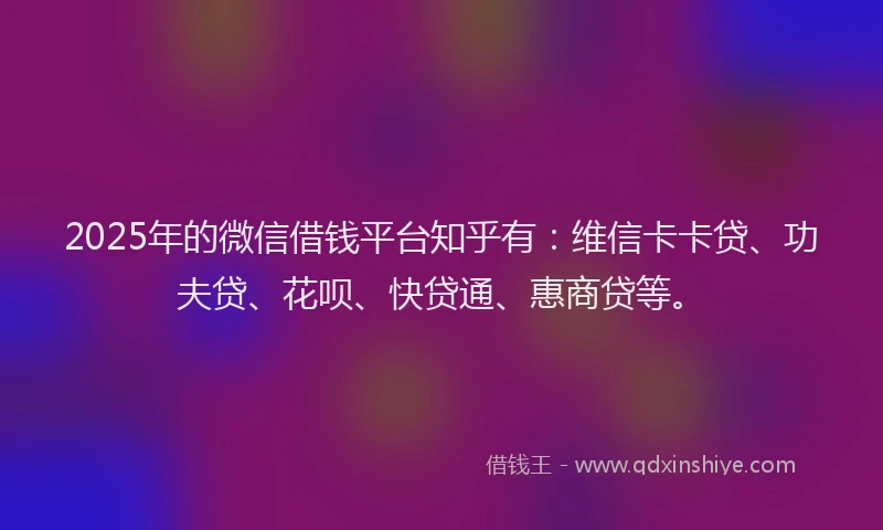 2025年的微信借钱平台知乎有：维信卡卡贷、功夫贷、花呗、快贷通、惠商贷等。
