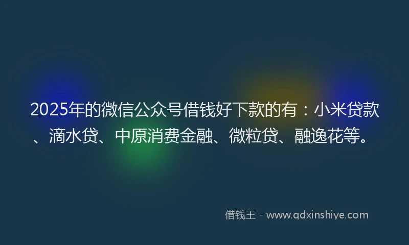 2025年的微信公众号借钱好下款的有：小米贷款、滴水贷、中原消费金融、微粒贷、融逸花等。