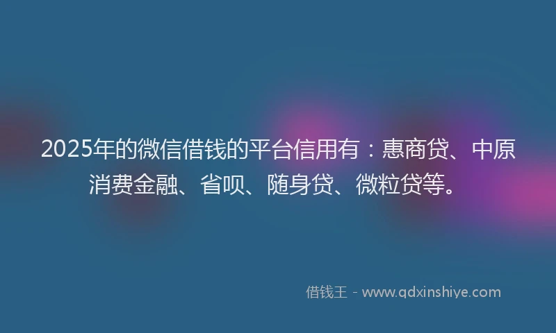 2025年的微信借钱的平台信用有：惠商贷、中原消费金融、省呗、随身贷、微粒贷等。