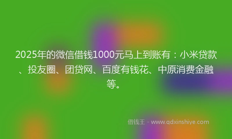 2025年的微信借钱1000元马上到账有：小米贷款、投友圈、团贷网、百度有钱花、中原消费金融等。