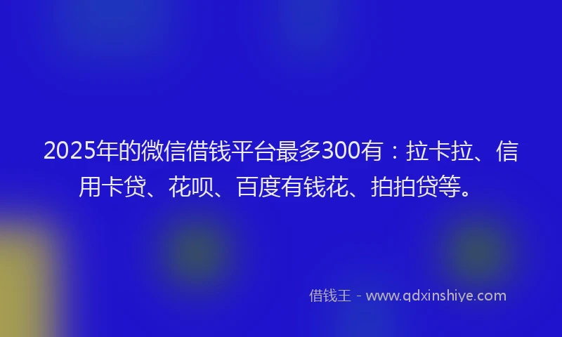 2025年的微信借钱平台最多300有：拉卡拉、信用卡贷、花呗、百度有钱花、拍拍贷等。