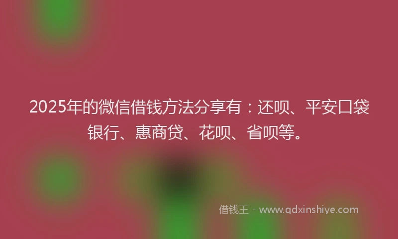 2025年的微信借钱方法分享有：还呗、平安口袋银行、惠商贷、花呗、省呗等。