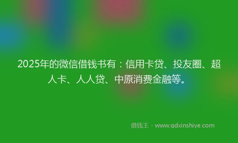 2025年的微信借钱书有：信用卡贷、投友圈、超人卡、人人贷、中原消费金融等。