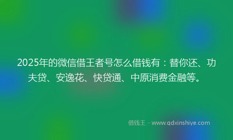 2025年的微信借王者号怎么借钱有：替你还、功夫贷、安逸花、快贷通、中原消费金融等。