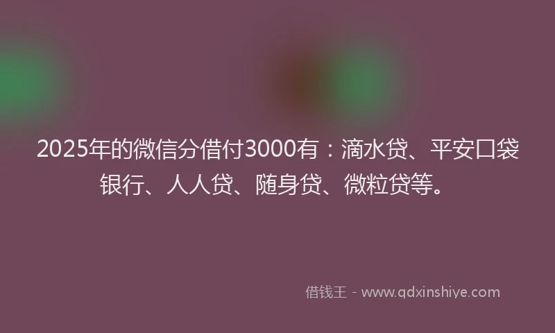 2025年的微信分借付3000有：滴水贷、平安口袋银行、人人贷、随身贷、微粒贷等。