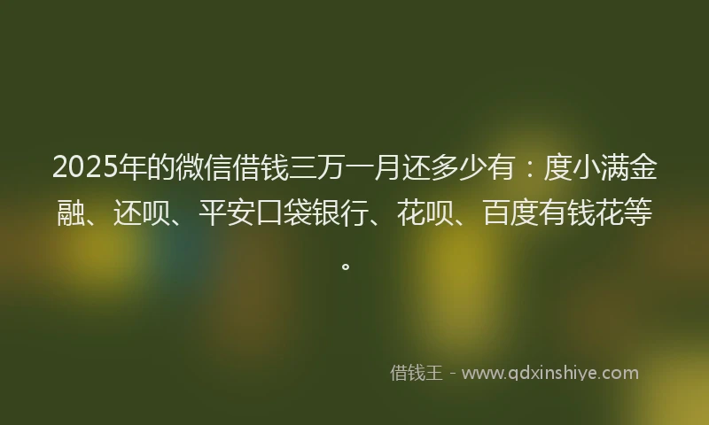 2025年的微信借钱三万一月还多少有：度小满金融、还呗、平安口袋银行、花呗、百度有钱花等。