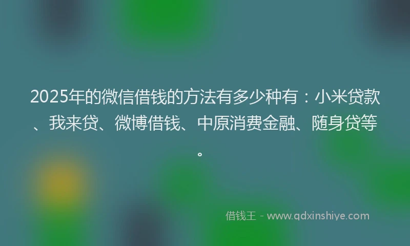 2025年的微信借钱的方法有多少种有:小米贷款、我来贷、微博借钱、中原消费金融、随身贷等。