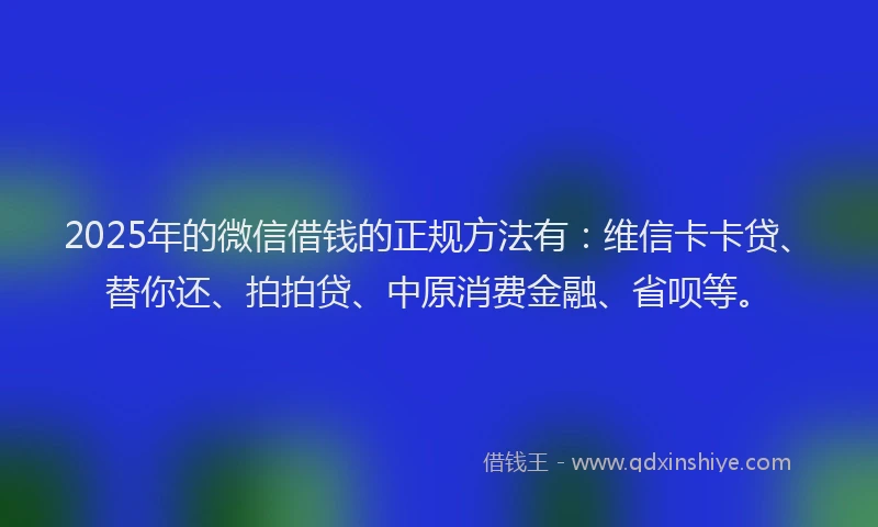 2025年的微信借钱的正规方法有：维信卡卡贷、替你还、拍拍贷、中原消费金融、省呗等。