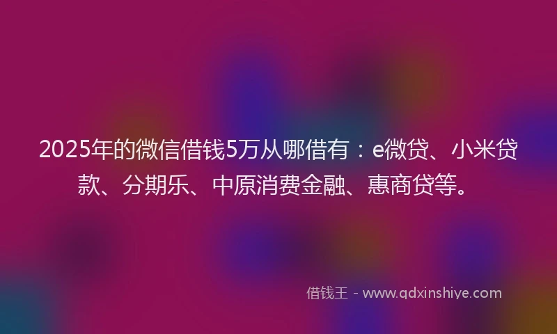 2025年的微信借钱5万从哪借有：e微贷、小米贷款、分期乐、中原消费金融、惠商贷等。
