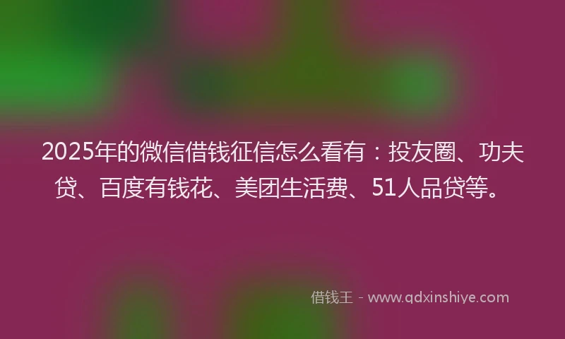 2025年的微信借钱征信怎么看有：投友圈、功夫贷、百度有钱花、美团生活费、51人品贷等。