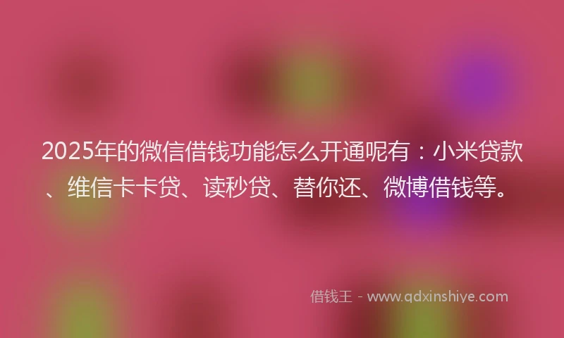 2025年的微信借钱功能怎么开通呢有：小米贷款、维信卡卡贷、读秒贷、替你还、微博借钱等。