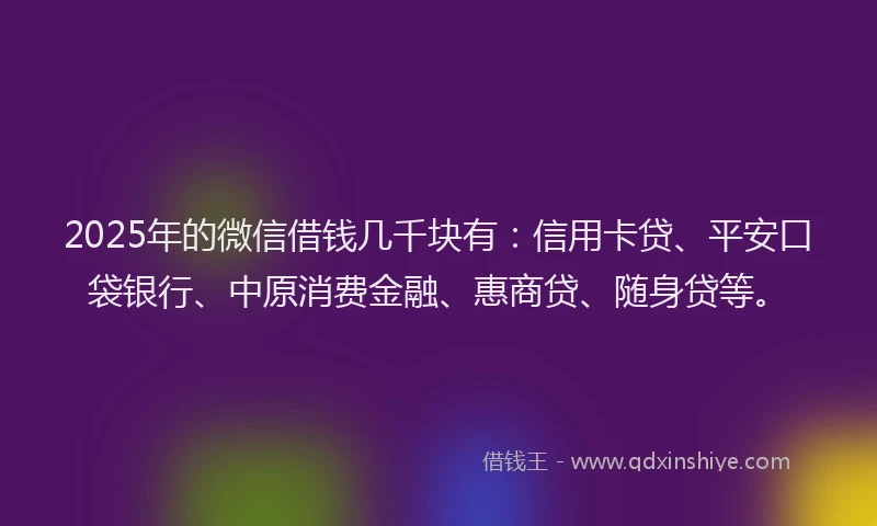 2025年的微信借钱几千块有：信用卡贷、平安口袋银行、中原消费金融、惠商贷、随身贷等。