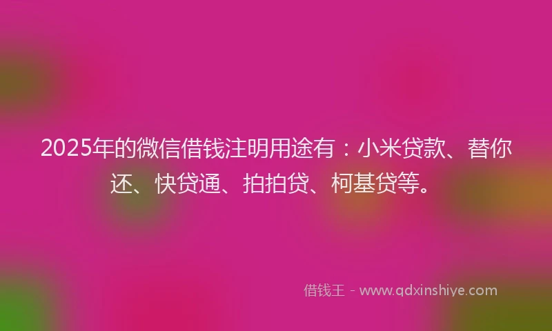 2025年的微信借钱注明用途有：小米贷款、替你还、快贷通、拍拍贷、柯基贷等。