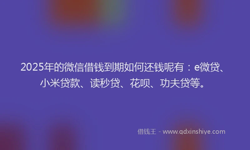 2025年的微信借钱到期如何还钱呢有：e微贷、小米贷款、读秒贷、花呗、功夫贷等。