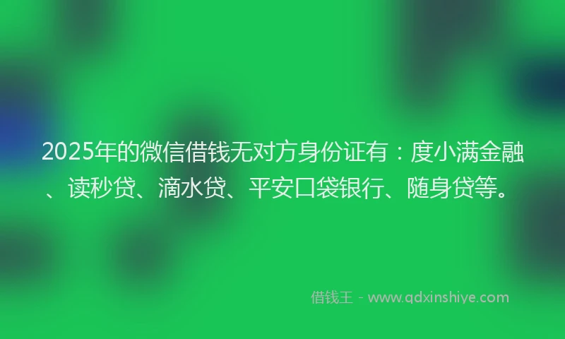 2025年的微信借钱无对方身份证有：度小满金融、读秒贷、滴水贷、平安口袋银行、随身贷等。
