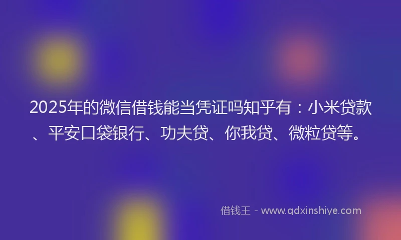 2025年的微信借钱能当凭证吗知乎有：小米贷款、平安口袋银行、功夫贷、你我贷、微粒贷等。