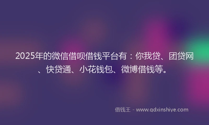2025年的微信借呗借钱平台有：你我贷、团贷网、快贷通、小花钱包、微博借钱等。