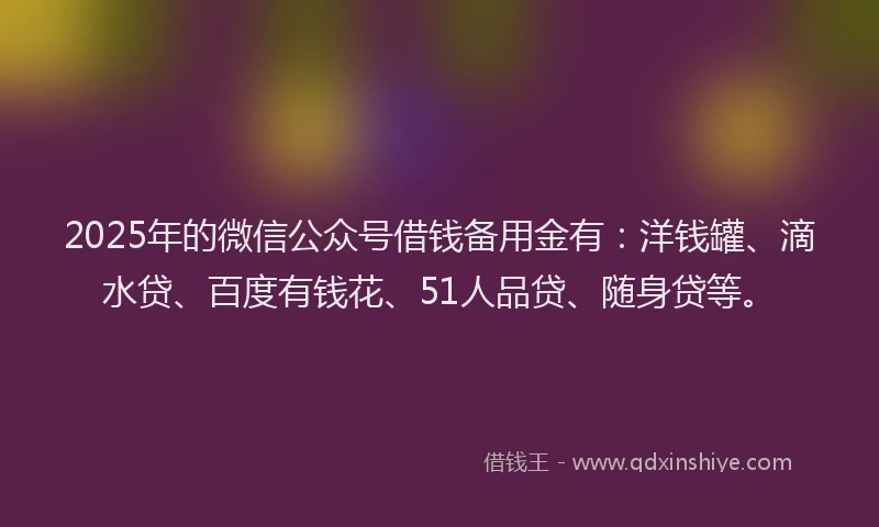 2025年的微信公众号借钱备用金有：洋钱罐、滴水贷、百度有钱花、51人品贷、随身贷等。