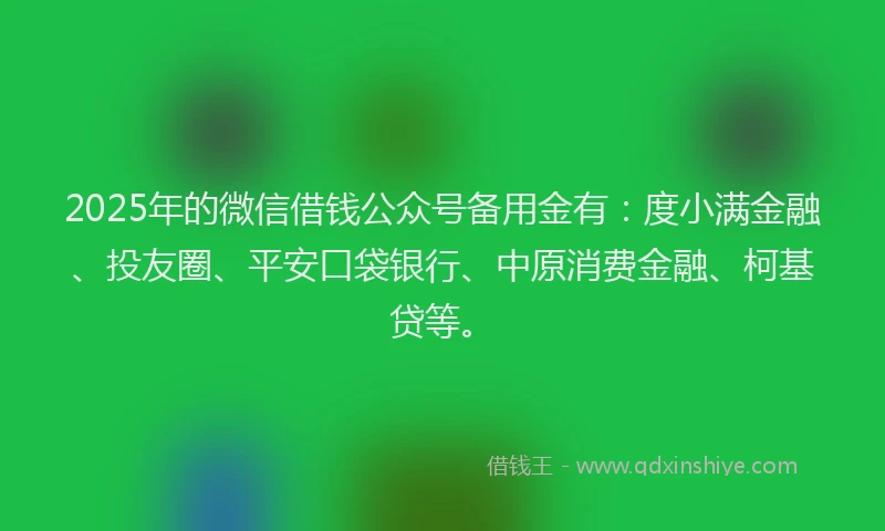2025年的微信借钱公众号备用金有：度小满金融、投友圈、平安口袋银行、中原消费金融、柯基贷等。