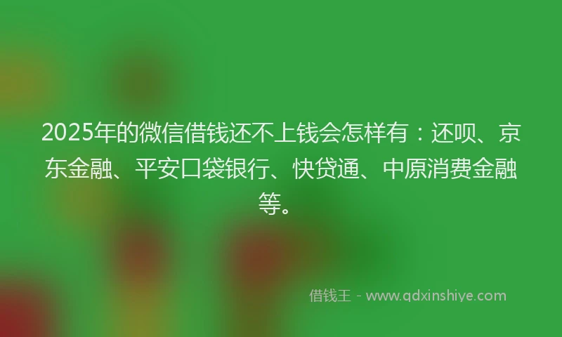 2025年的微信借钱还不上钱会怎样有：还呗、京东金融、平安口袋银行、快贷通、中原消费金融等。