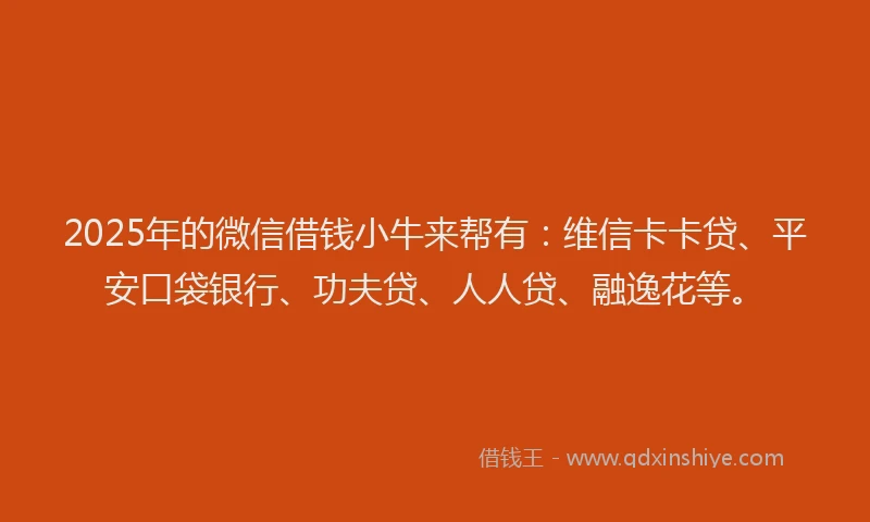 2025年的微信借钱小牛来帮有：维信卡卡贷、平安口袋银行、功夫贷、人人贷、融逸花等。