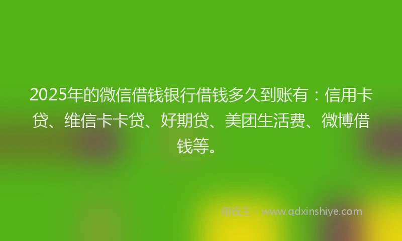 2025年的微信借钱银行借钱多久到账有：信用卡贷、维信卡卡贷、好期贷、美团生活费、微博借钱等。