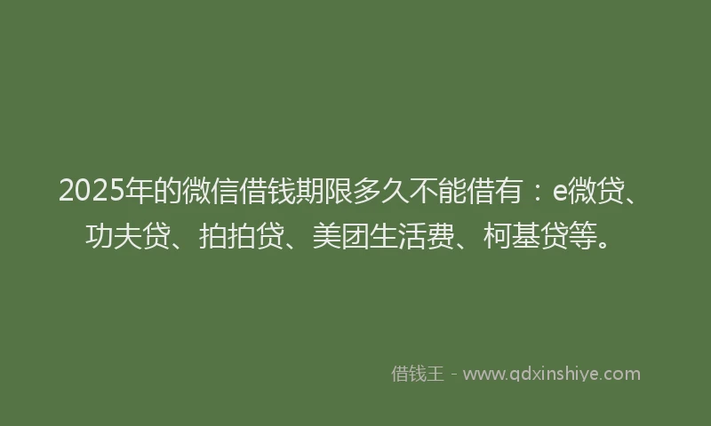 2025年的微信借钱期限多久不能借有：e微贷、功夫贷、拍拍贷、美团生活费、柯基贷等。