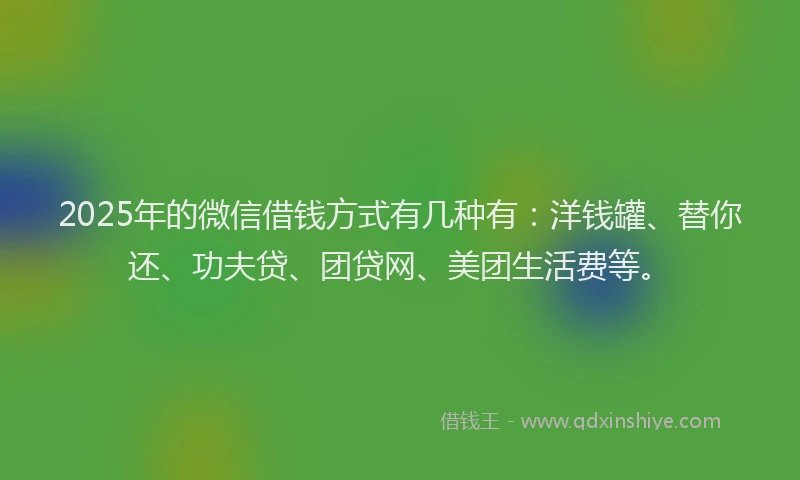 2025年的微信借钱方式有几种有：洋钱罐、替你还、功夫贷、团贷网、美团生活费等。