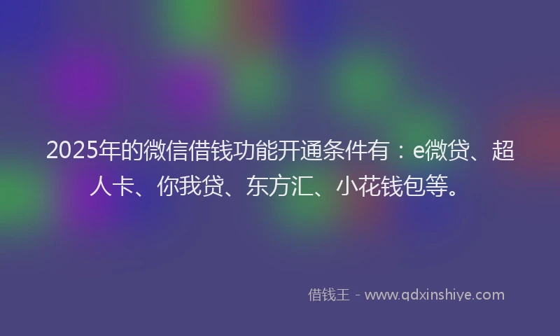 2025年的微信借钱功能开通条件有：e微贷、超人卡、你我贷、东方汇、小花钱包等。