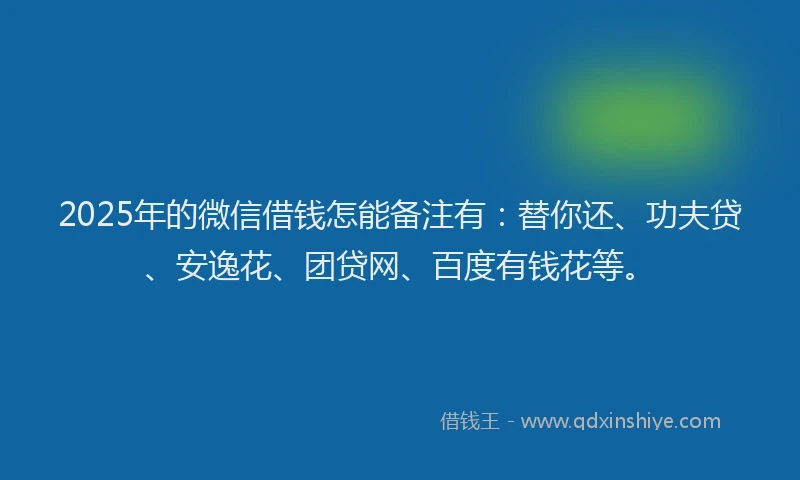 2025年的微信借钱怎能备注有：替你还、功夫贷、安逸花、团贷网、百度有钱花等。