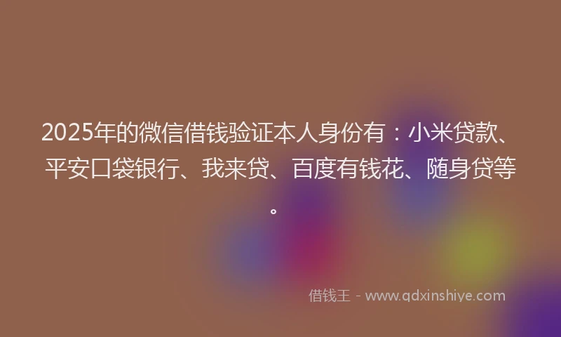 2025年的微信借钱验证本人身份有：小米贷款、平安口袋银行、我来贷、百度有钱花、随身贷等。