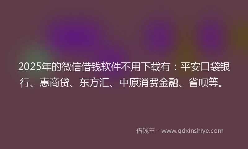 2025年的微信借钱软件不用下载有：平安口袋银行、惠商贷、东方汇、中原消费金融、省呗等。