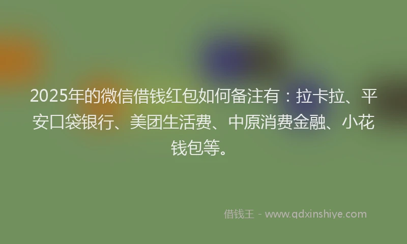 2025年的微信借钱红包如何备注有：拉卡拉、平安口袋银行、美团生活费、中原消费金融、小花钱包等。
