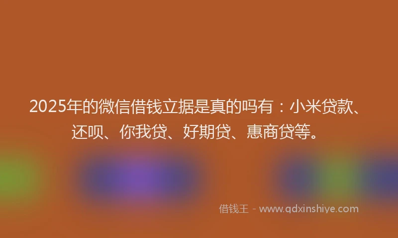 2025年的微信借钱立据是真的吗有：小米贷款、还呗、你我贷、好期贷、惠商贷等。