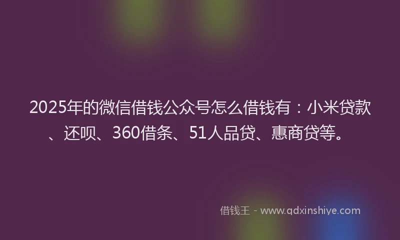 2025年的微信借钱公众号怎么借钱有：小米贷款、还呗、360借条、51人品贷、惠商贷等。