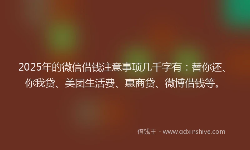 2025年的微信借钱注意事项几千字有：替你还、你我贷、美团生活费、惠商贷、微博借钱等。