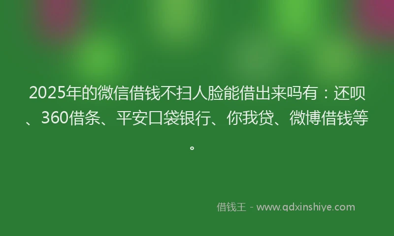 2025年的微信借钱不扫人脸能借出来吗有：还呗、360借条、平安口袋银行、你我贷、微博借钱等。