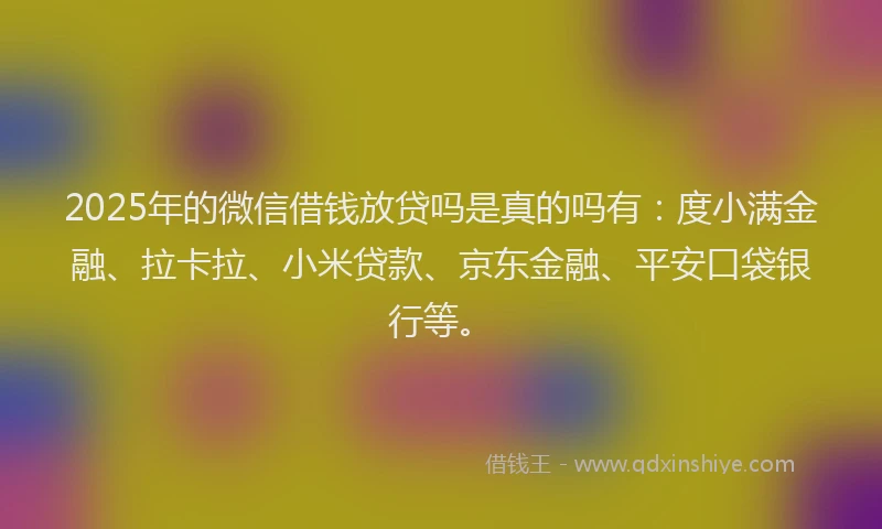 2025年的微信借钱放贷吗是真的吗有：度小满金融、拉卡拉、小米贷款、京东金融、平安口袋银行等。