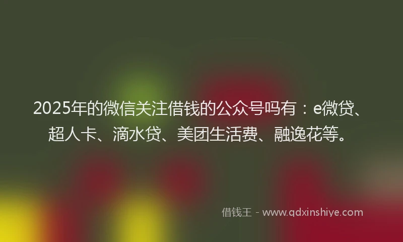 2025年的微信关注借钱的公众号吗有：e微贷、超人卡、滴水贷、美团生活费、融逸花等。