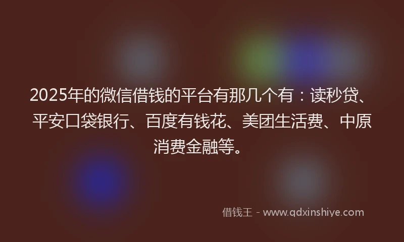 2025年的微信借钱的平台有那几个有：读秒贷、平安口袋银行、百度有钱花、美团生活费、中原消费金融等。