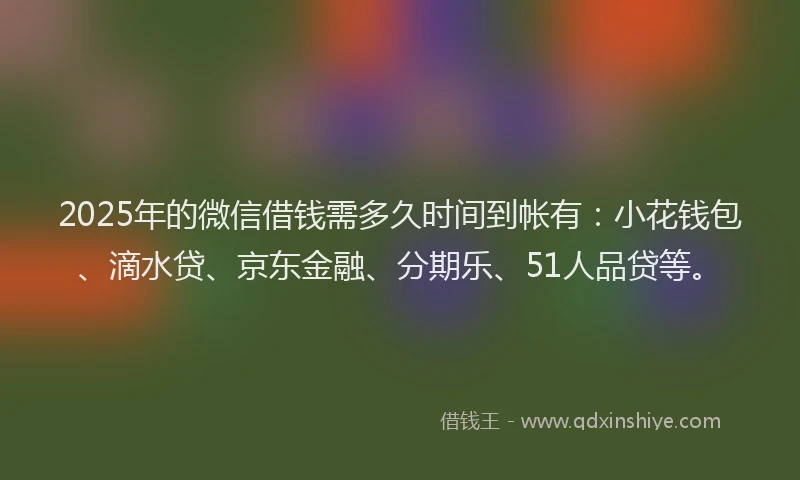2025年的微信借钱需多久时间到帐有：小花钱包、滴水贷、京东金融、分期乐、51人品贷等。