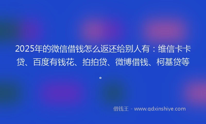 2025年的微信借钱怎么返还给别人有：维信卡卡贷、百度有钱花、拍拍贷、微博借钱、柯基贷等。