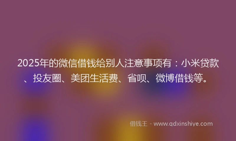 2025年的微信借钱给别人注意事项有：小米贷款、投友圈、美团生活费、省呗、微博借钱等。