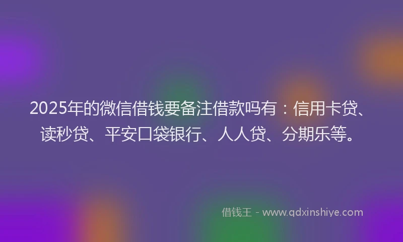 2025年的微信借钱要备注借款吗有：信用卡贷、读秒贷、平安口袋银行、人人贷、分期乐等。