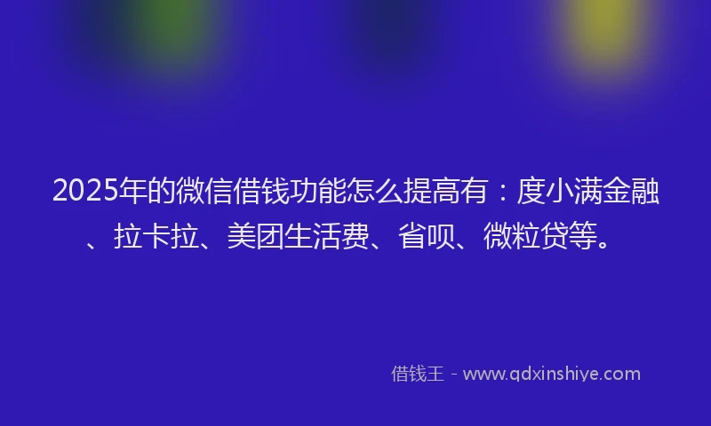 2025年的微信借钱功能怎么提高有：度小满金融、拉卡拉、美团生活费、省呗、微粒贷等。